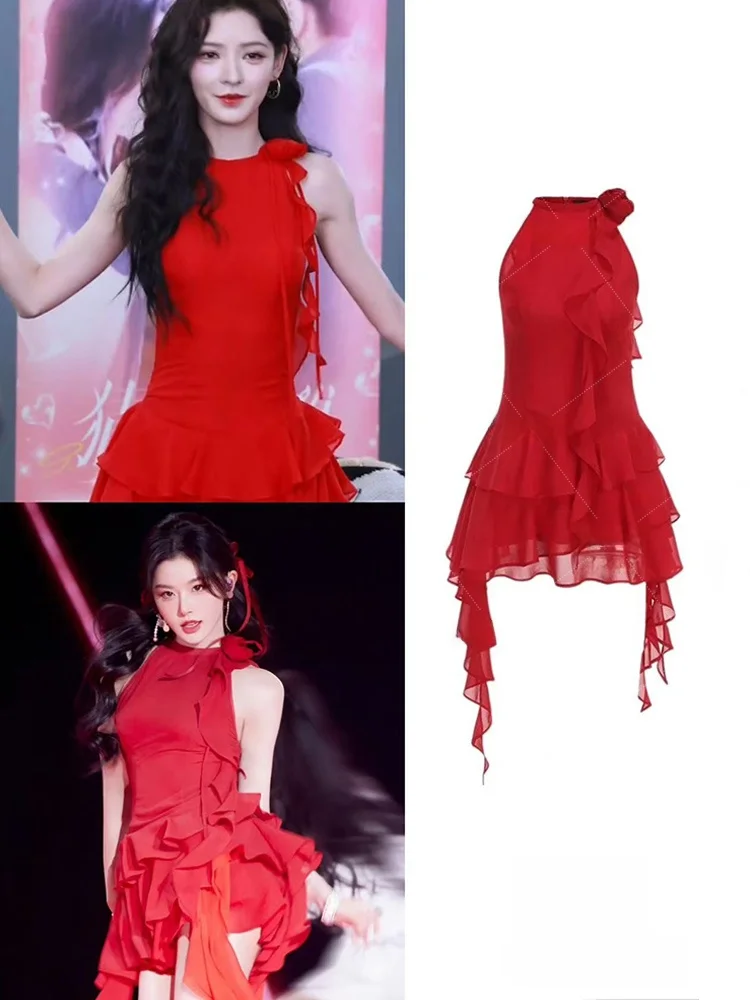 

Red Off-Shoulder Sleeveless Waist-Cinched Dress by CICIZHUANG for Year-End Ceremony Stage Costume Women's Ethnic Fashion