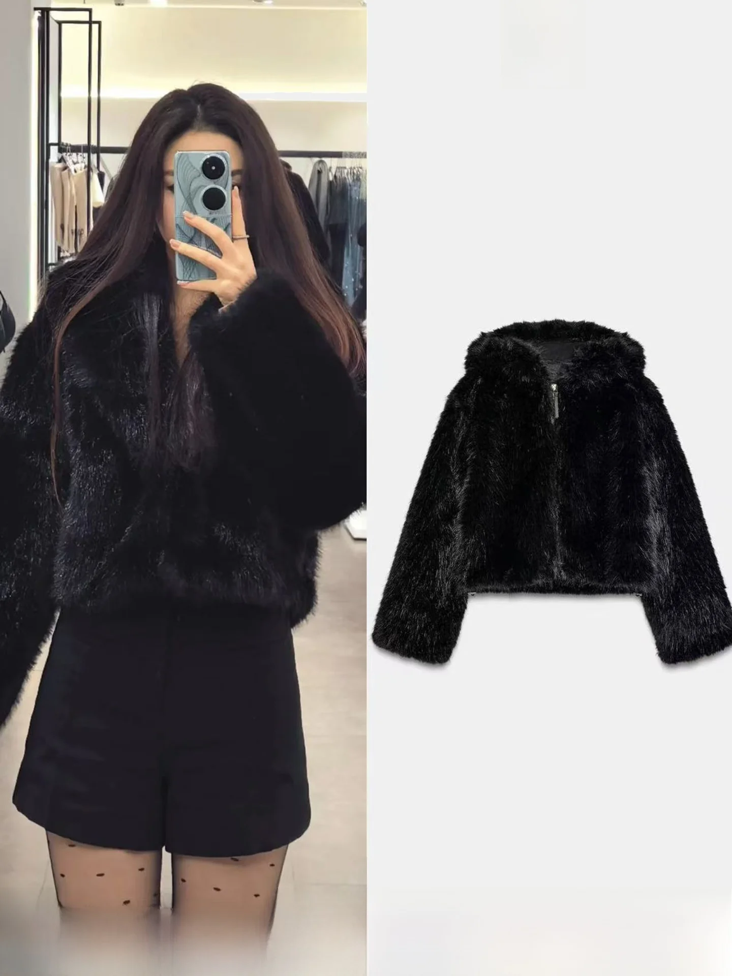 

Sweet Fashionable Short Sleeve Long Coat Hooded Artificial Fur Jacket New Winter Women's Clothing Casual Style Leather Jacket