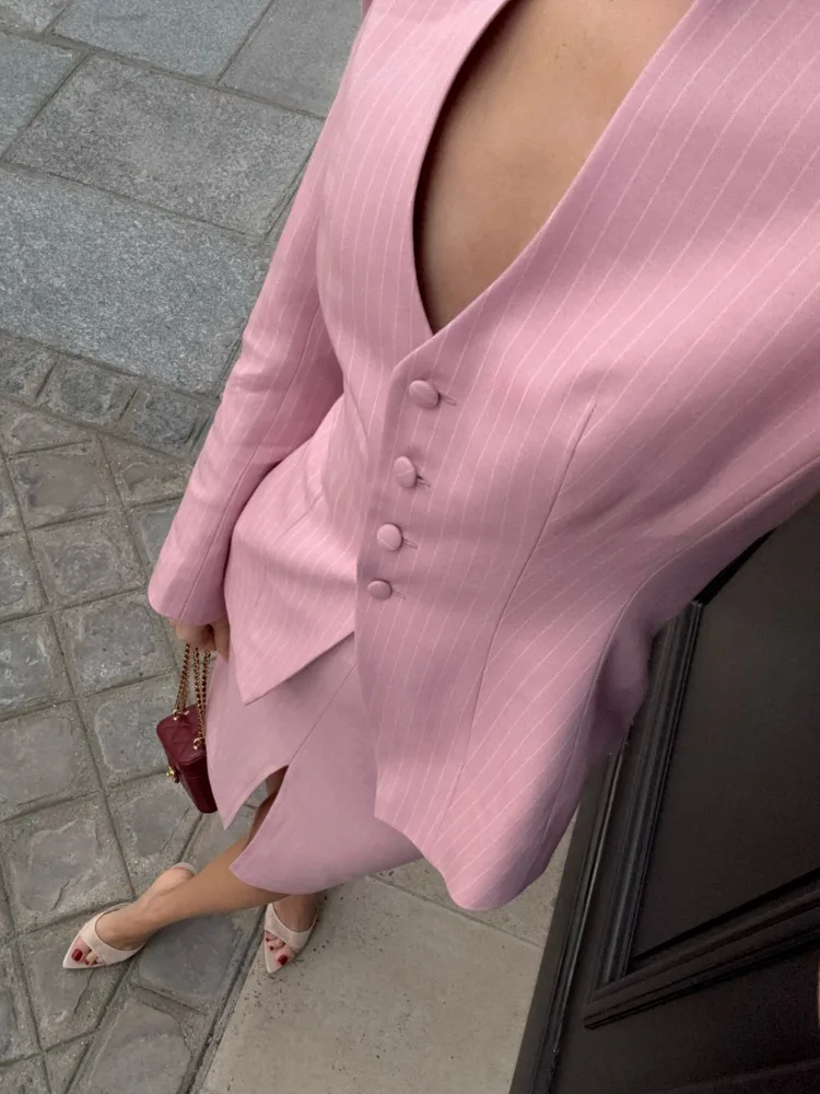 DFDG Women 2026 Spring Summer Two Piece Outfit Striped Blazer Stand Collar High Waist Slit Midi Skirt Elegant Office Formal Suit