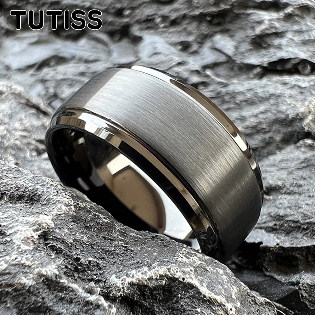 TUTISS 10MM Classic Men Ring Women Tungsten Wedding Band Stepped Beveled Brushed Finish Comfort Fit Size 7-15