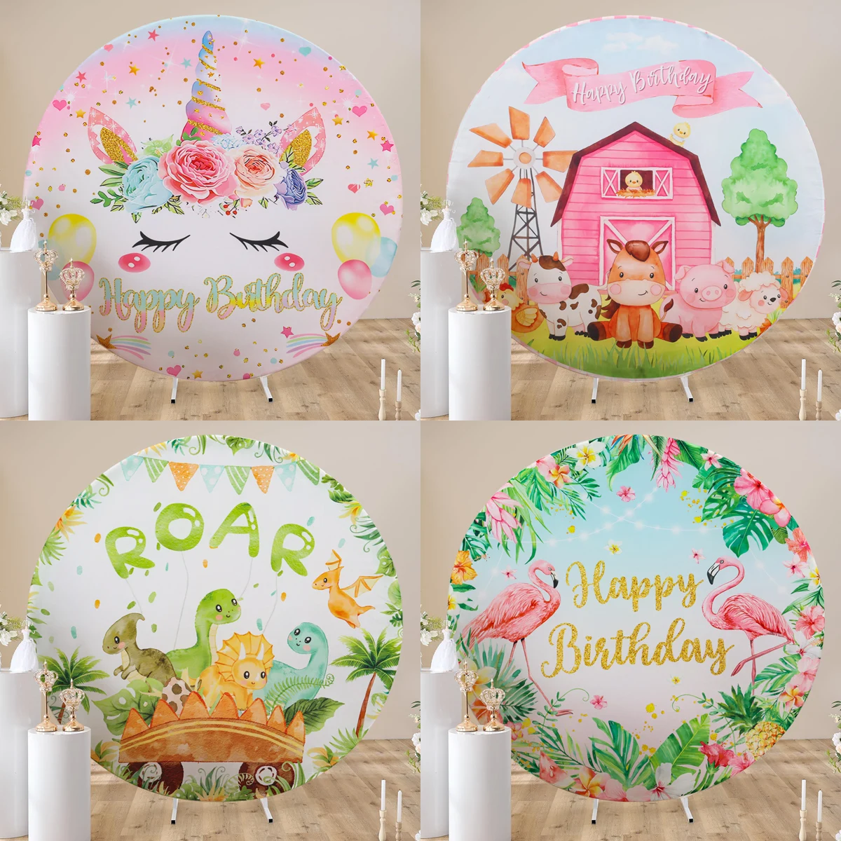 Round Birthday Party Backdrops Unicorn Dinosaur Flamingo Farm Animal Birthday Party Decor Baby Shower Circle Photo Background