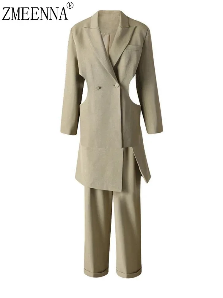 

ZMEENNA Women's Two Piece Double Breasted Cutout Blazer With Asymmetric Overlay And Wide Leg Trousers Beige Outfit ZM3301