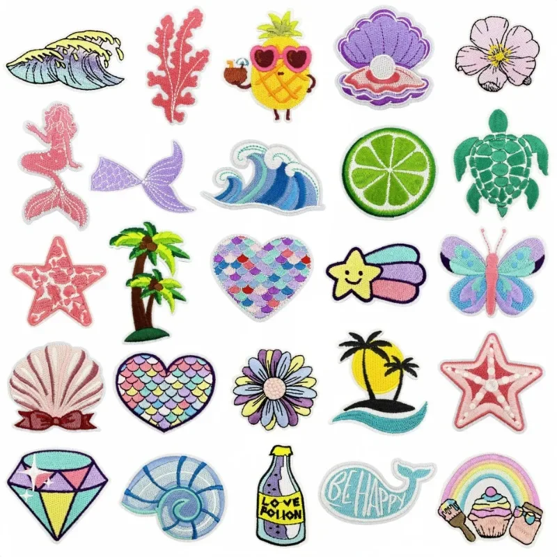 Summer Mermaid Shell Wave Turtle Lemon Iron-on Sew Embroidery Badge Patches DIY T-shirt Hat Backpack Clothing Appliques Sticker