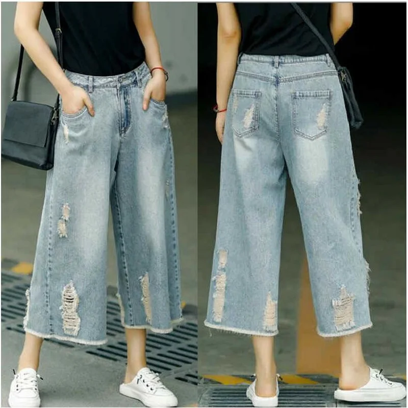 Summer High Waisted Calf-Length Pants Distressed Jeans Loose Banana Pants With Raw Hem Wide Leg Pants