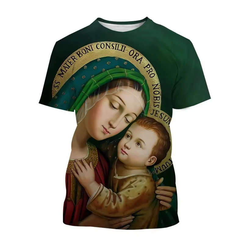 

Hot Selling Virgin Mary 3D printed T-shirt Personality Christianity Mother Of God Holy Child Tees Casual Short-sleeved T Shirt