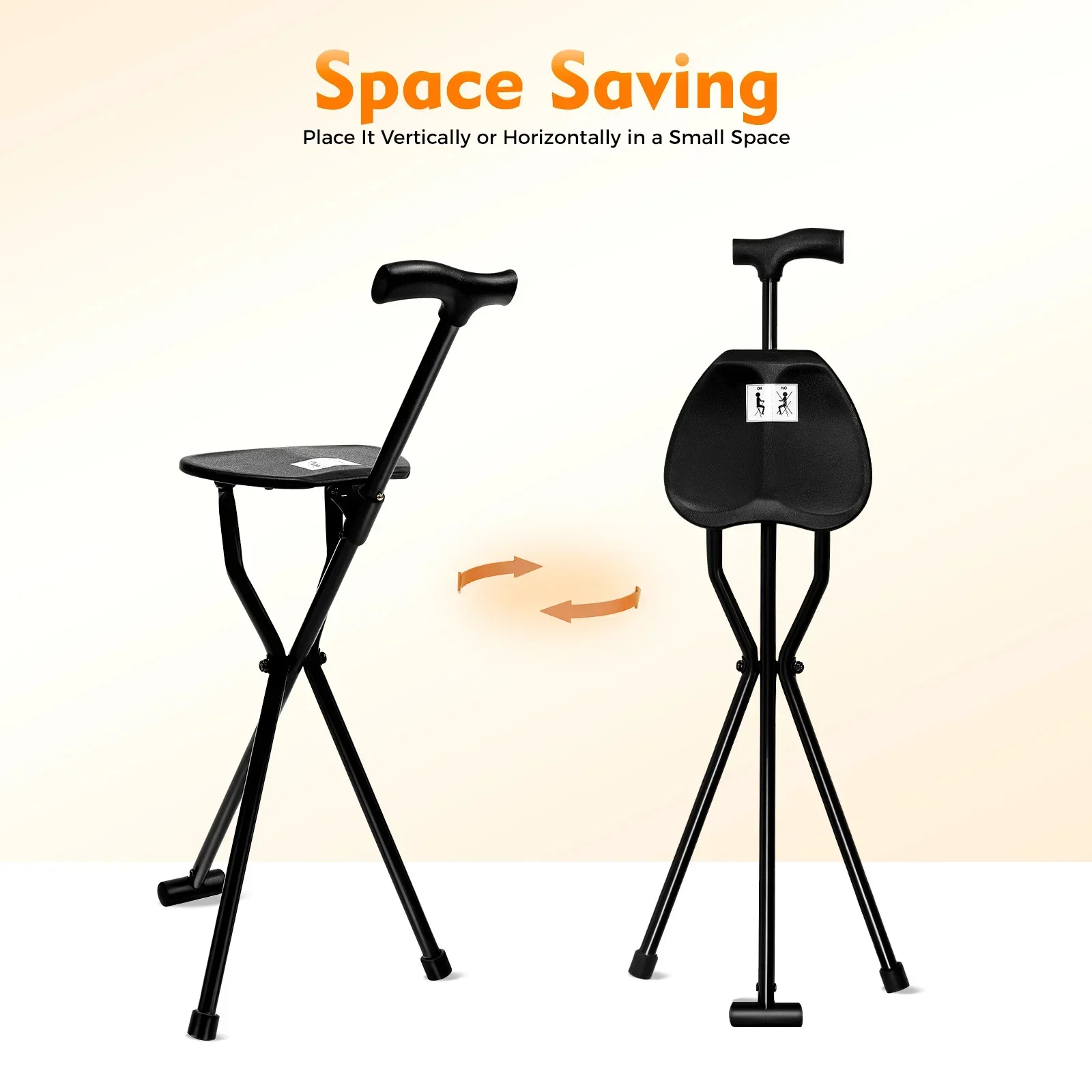 Multi-functional Foldable 3-Leg Cane Stool for Elderly, Portable Walking Aid w/ Tri-Leg Support, Lightweight Mobility Assistant