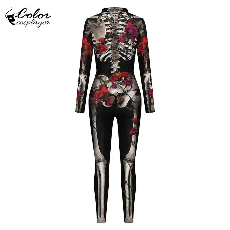 Kleur Cosplayer Halloween Skeleton Jumpsuit Gothic Rose Patroon Romper Carnaval Heks Ghost Cosplay Kostuum Partij Zentai