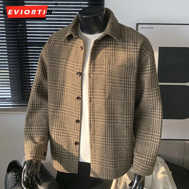 

2025 Men's spring and autumn fashion versatile outerwear cardigan, Anxica retro trend loose and simple version plaid jacket