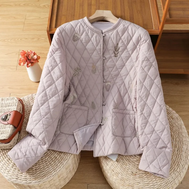 Apricot Embroidery Cotton Jacket Short Spring Autumn 2026 Design Temperament Lightweight Stand Collar Warm Quilted Coat  w1670