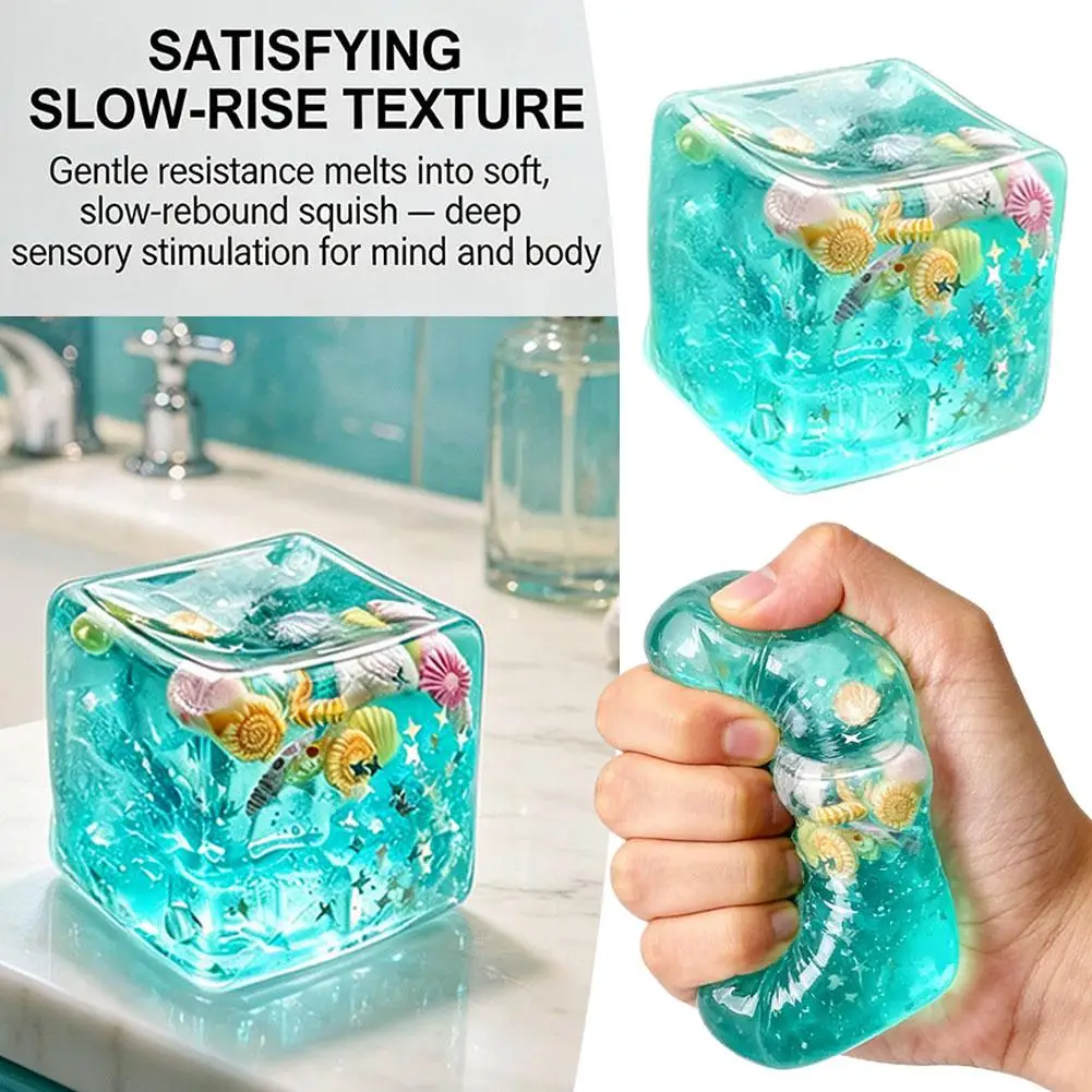 

GB Miniature World Stress Relief Cube Blue 3D Cartoon Figurine Squishy Toy with Shells Glitter Fidget Decompression Toy Gift