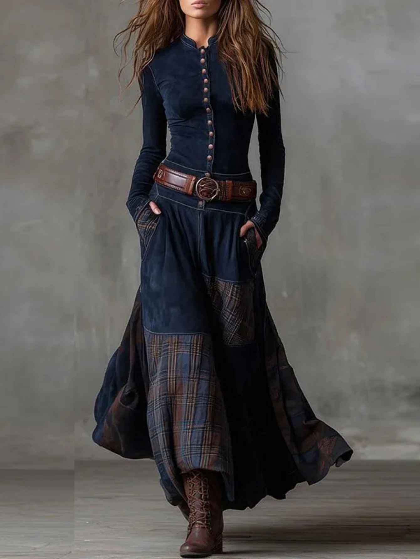 Imitation Suede Patchwork Plaid Print Maxi Dress Woman Stand Collar Button Party Dress Autumn Long Sleeve Pocket Boho Dress