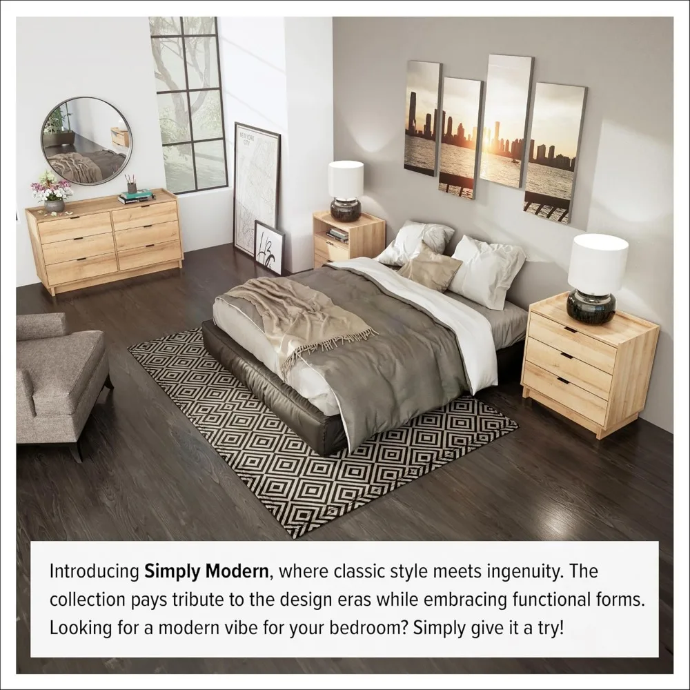 منضدة حديثة بسيطة من خشب البلوط الطبيعي، طاولة جانبية لغرفة النوم مع 3 أدراج، الأبعاد 26.5 عرض × 26.75 ارتفاع