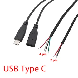 Cable USB tipo C macho y hembra, Conector de carga, soldadura, 2 pines, 4 pines, adaptador de extensión de Cable, reparación de bricolaje, 1/3 piezas, 0,3 M, 1M, 2M