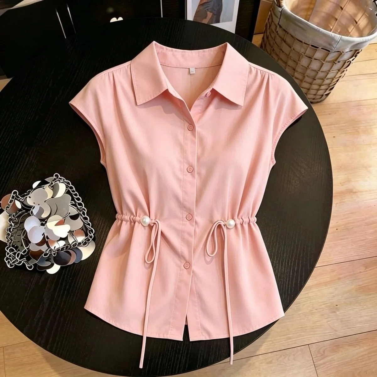 Slim Fit Pure Color Short Sleeve Shirt Stand Collar Waist Cinched Fashionable Summer New Style Sweet Cool Small Size Top