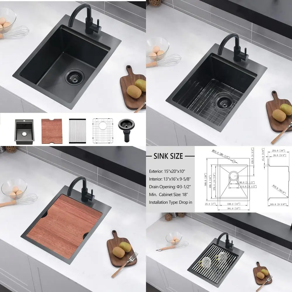 

Black 15x20 Inch Drop-In Bar Sink, 16Gauge Durable Small Kitchen Sink for Bar Use