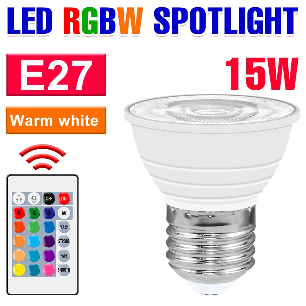15W RGB LED-lamp E27 slimme lamp E14 IR-afstandsbediening dimbaar kleurrijke spotlight GU10 voor thuissfeer decor MR16 neonlicht
