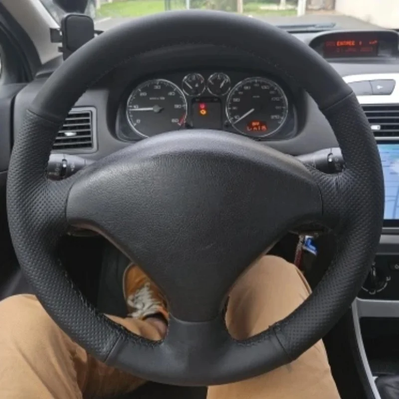 Coprivolante In Pelle Artificiale Nera Cucito A Mano Sw 2005-2008 307 2001-2008 Coprivolanti Per Auto Peugeot 307