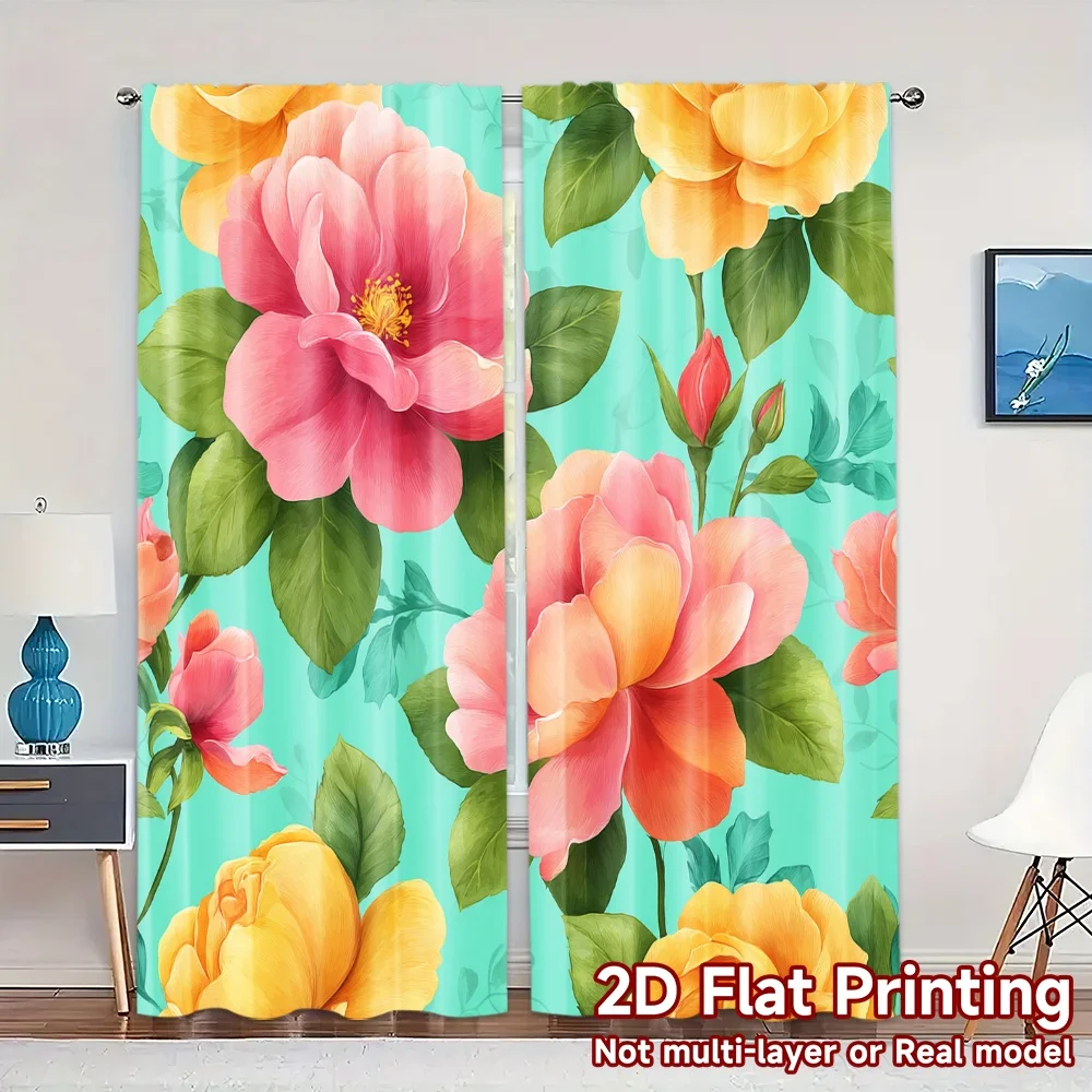Impresión plana 2D, 2 uds., cortinas (sin varilla), patrones florales con rosas, estanques de abril, Festival del Día, cortinas creativas semitransparentes