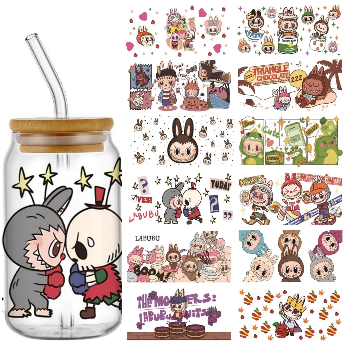 Miniso Rabbit Elf Labubu pattern Easy peel waterproof DIY Decals 3D transfers uvdtf crystal stickers 16oz uv dtf cup wraps