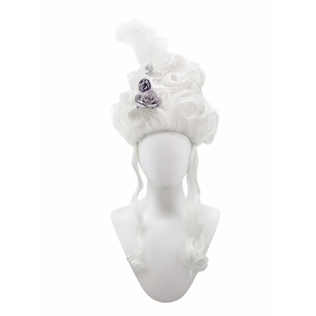 Anxin Brand Synthetic Fiber Wig: Retro Fluffy Curly Style (Available in Pink/White/Grey/Black), Decorated with Floral Elements and Feather Accents, with Twist Curls on the Side, Voluminous and Curly Hair; Made of High-Quality Synthetic Fiber Material, Comfortable to Wear and Easy to Manage; a Fashionable Item Suitable for Adult Women's Cosplay, Vintage Character Reenactment, Party Court-Style Dressing, and Themed Event Styling