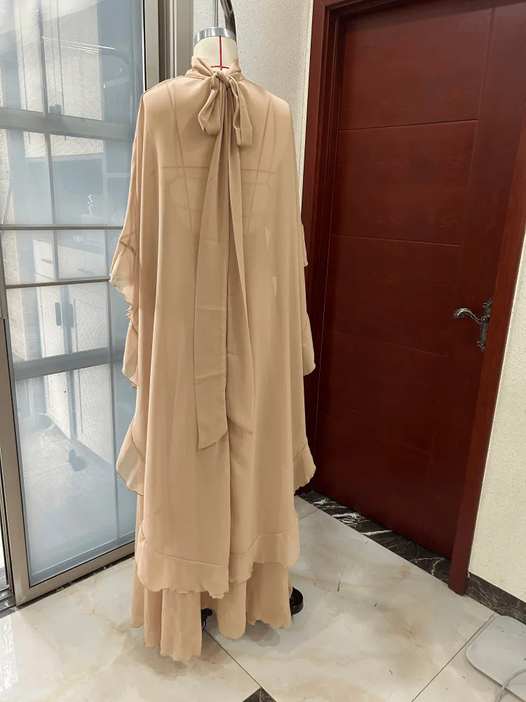 Ruffle Cloak long V-neck Spaghetti Straps Low Back Long Formal Evening Dress Apricot