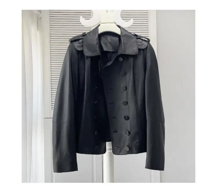 Leather coat Women's short leather sheepskin  new double breasted slim leather jacket