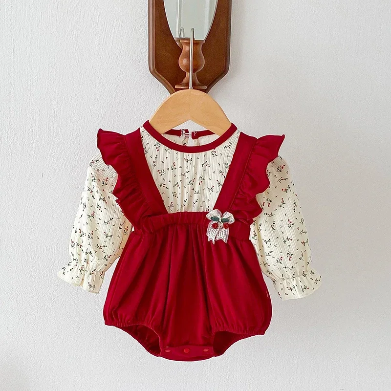 

New Years Red Playsuit Xmas Pullover Bodysuits Christmas Baby Girls Outfit Romper Lace collar Jumpsuit Fall Winter Child Clothes