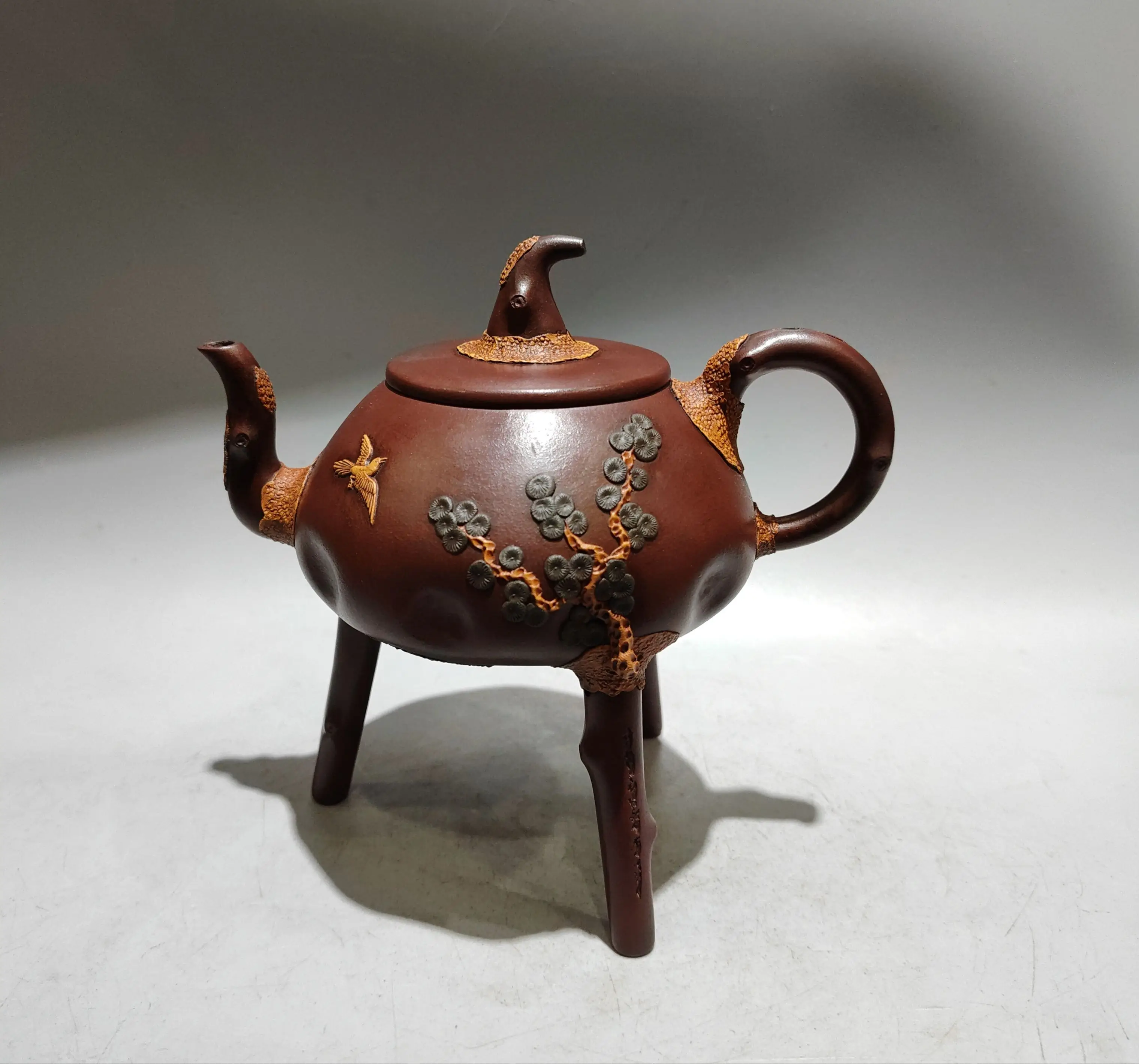 Old Chinese Handicraft Enameled YiXing Zisha (red stoneware) Teapot,Three-legged pot,with mark, Free shipping