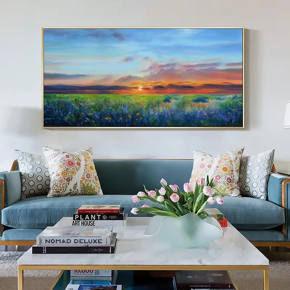 

Large Modern Abstract Landscape Oil Painting on Canvas, Handmade Sunset Scenery Wall Painting Art for Living Room Home Decor