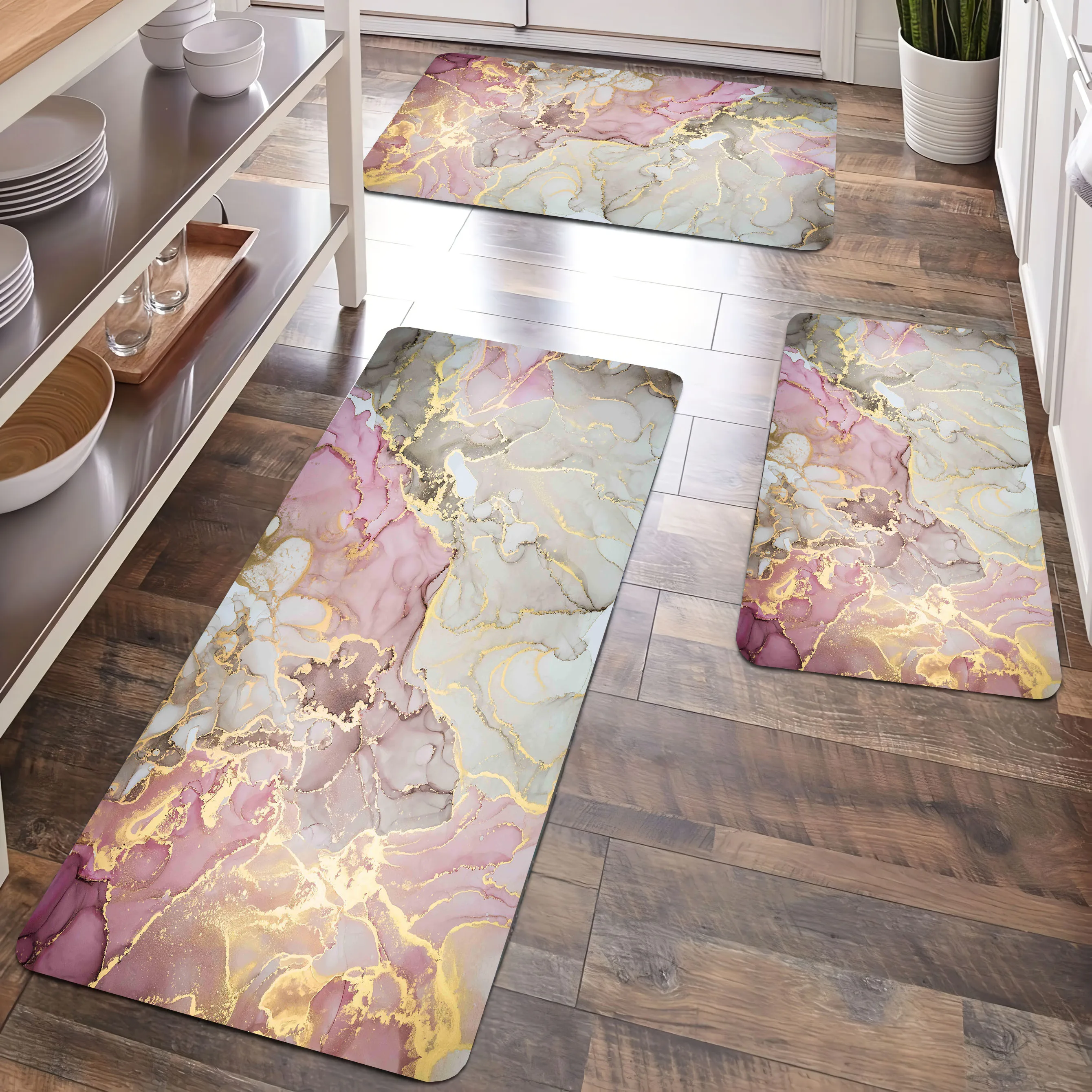 

Gray Pink Marble Gold Line Design Bathroom accessories Rug Flannel Anti-slip Kitchen Foot mat Suitable for Living Room Floor pad