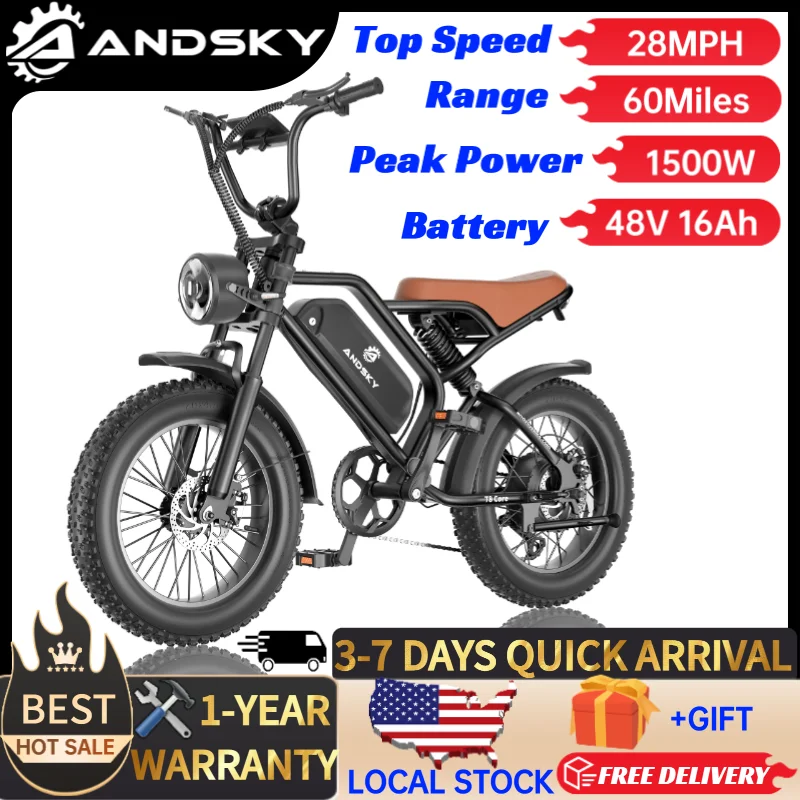 ANDSKY T8 Core Electric Bike 1500W 7-Speed Off-Road Ebike 48V 16Ah Battery Electric Mountain Bicycle 28MPH 60 Miles Range 20" X 4" All-Terrain Fat Tires Motorcycle Dirt Bike