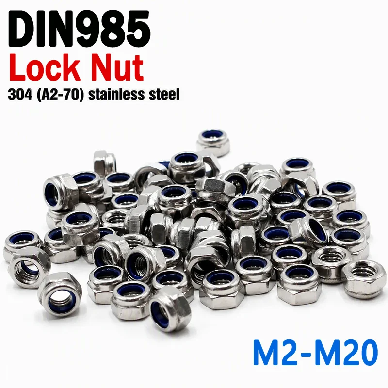 M2 M2.5 M3 M3.5 M4 M5 M6 M8 M10 M12 M16 M20 Sechskant-Nylon-Selbstsichernde Mutter Nylock-Mutter Sicherungsmutter A2 304 Edelstahl DIN985
