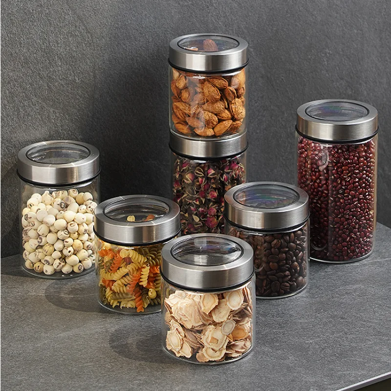 European Transparent Glass Storage Jar Kitchen Tea Coffee Bean Storage Bottle Moistureproof Sealed Jar Metal Lid Home Decoration