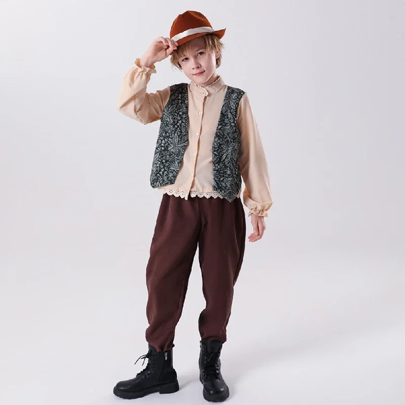 Gaun Pembantu Pertanian Set Oktoberfest Lengan Panjang Anak Laki-laki Gaun Kostum Cosplay Halloween Seragam Anak Perempuan Pertandingan Kecil Sipil