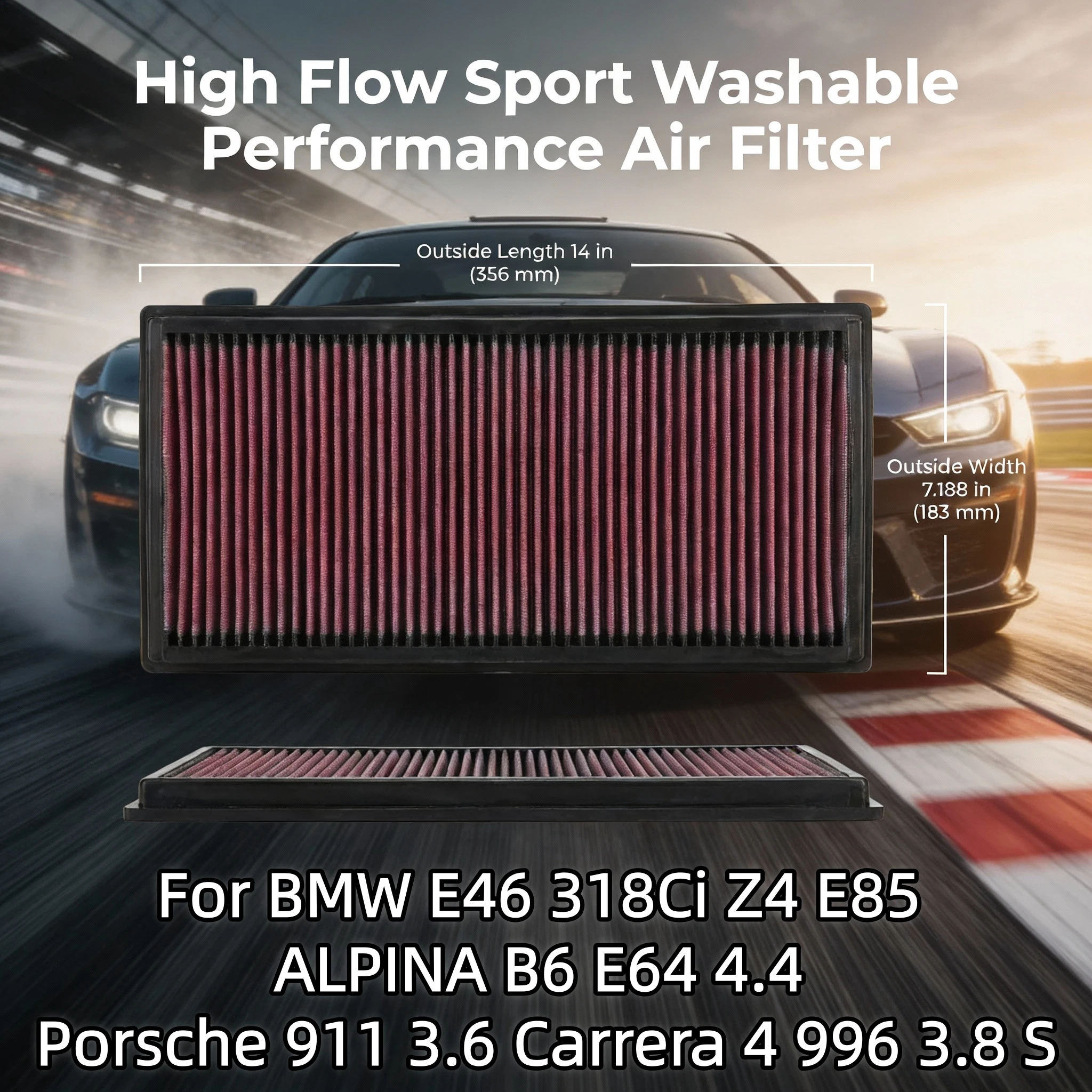 

For BMW E46 318Ci Z4 E85 ALPINA B6 E64 4.4 Porsche 911 3.6 Carrera 4 996 3.8 S High Flow Sport Washable Air Filter 1J0129620