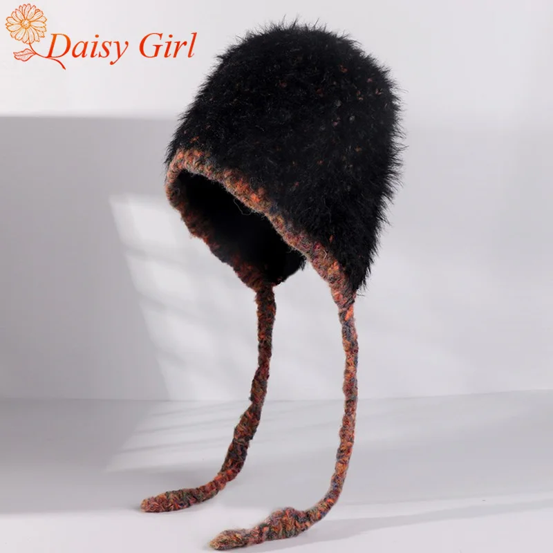 

Korean New Winter Style Warm Face And Small Plush Knitted Contrasting Hats Ear Protection Cute Wool Pullover Hat