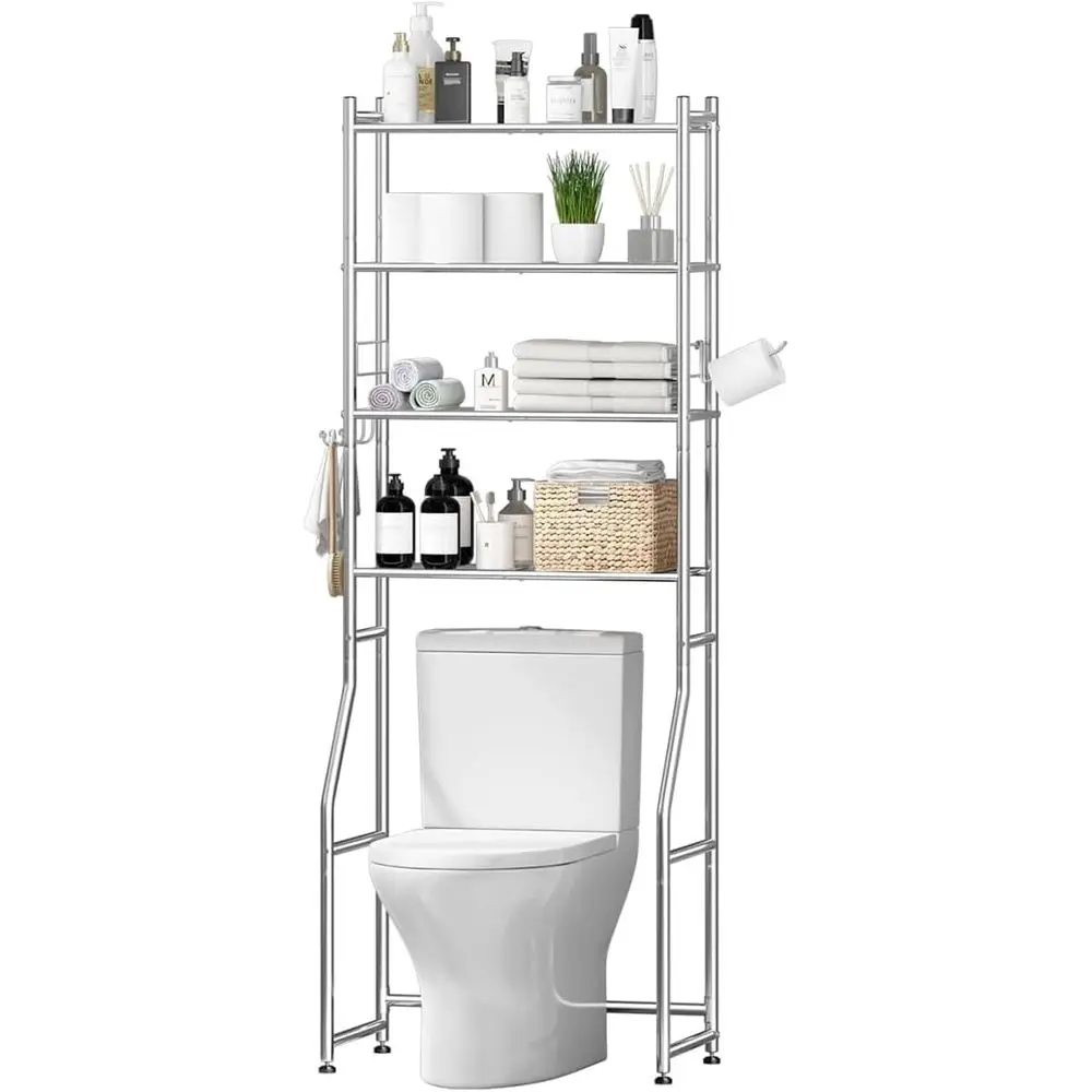 

4-Tier Metal Over Toilet Storage Shelves, Bathroom Organizer with Hooks and Paper Holder, Chrome