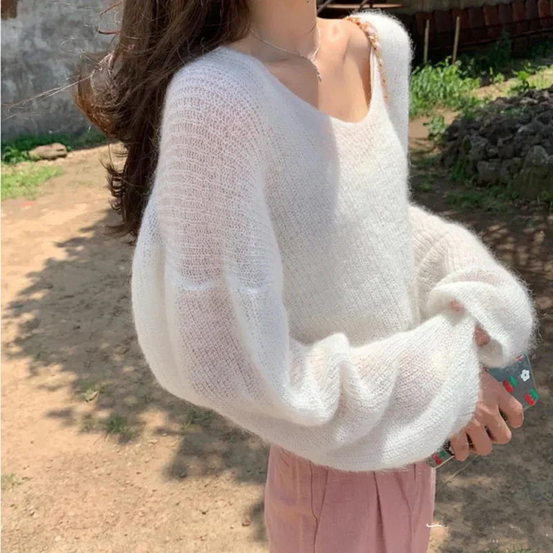 Women Fuzzy Thin Sweaters Cute V Neck Loose Short Knitted Top Summer Fashion Sheer Sunscreen Shirt Pullover Sweet Yellow Jumpers