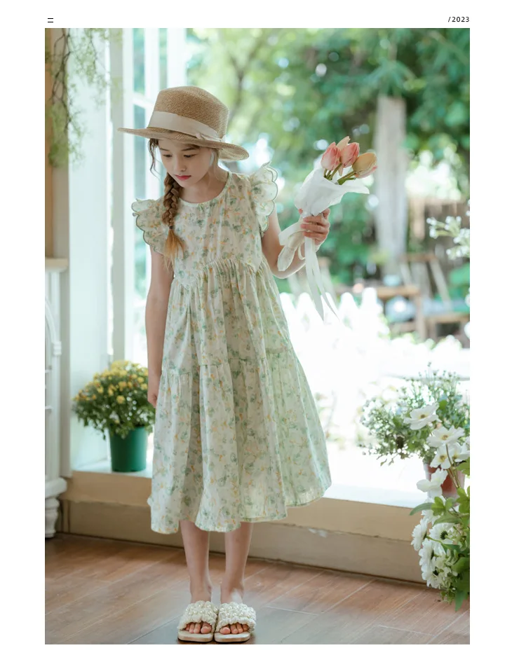 

2025 Summer Girls Casual Dress 4-16Years Children Flying Sleeve Floral Skirt Fashionable Thin Sweet Girl Princess Dress