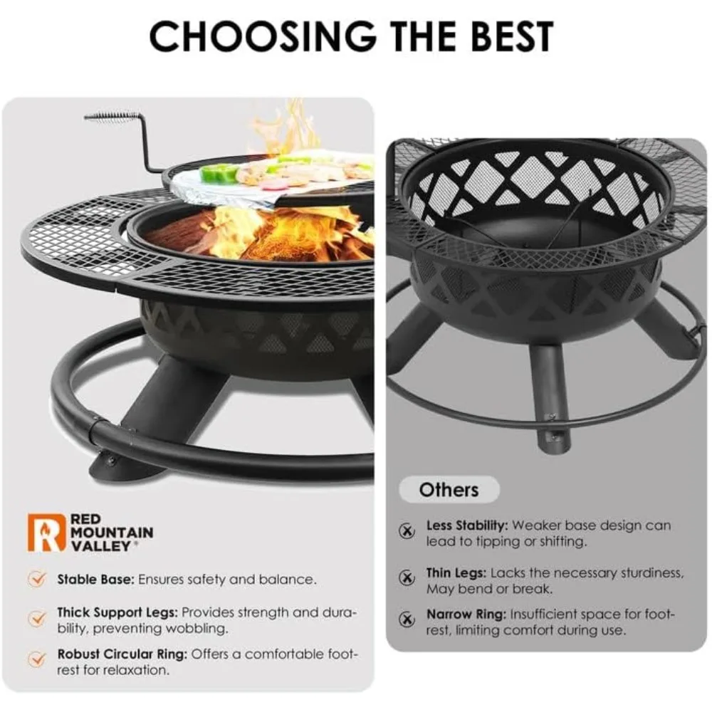 حفرة نار كبيرة محروقة للخشب في الهواء الطلق مزدوجة الأغراض مع شواية قابلة للتعديل، مثالية لحرائق الفناء