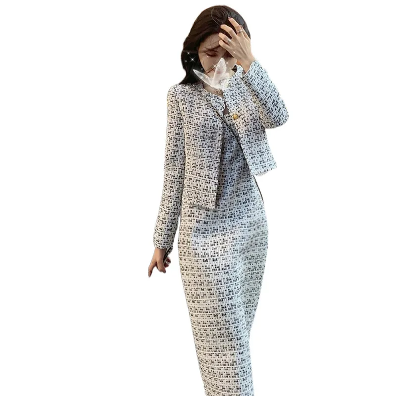 レディース粗ツイードツーピースセット ジャケット+ワンピース 2025春秋 小香風セット