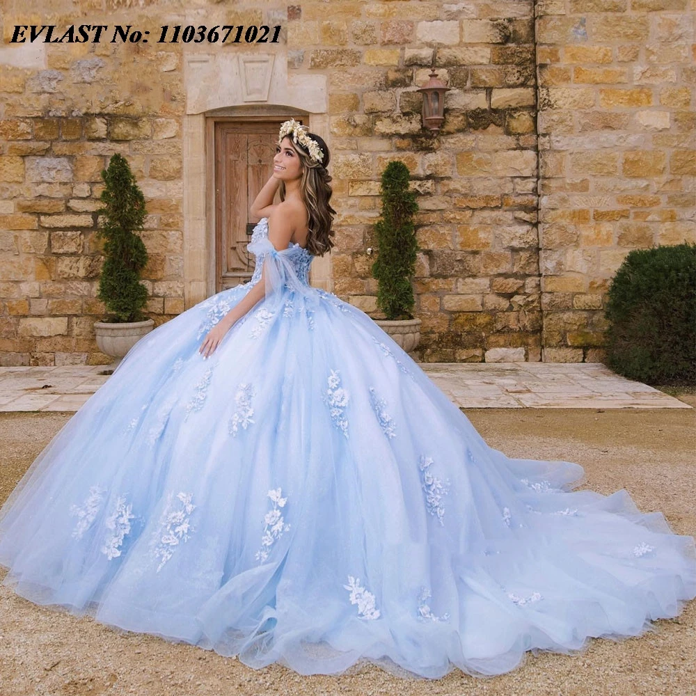 EVLAST Dostosowana gorąca różowa sukienka na quinceanera Suknia balowa Koronkowa aplikacja z koralikami Gorset Meksykański Sweet 16 Vestidos De 15 Anos SQ520