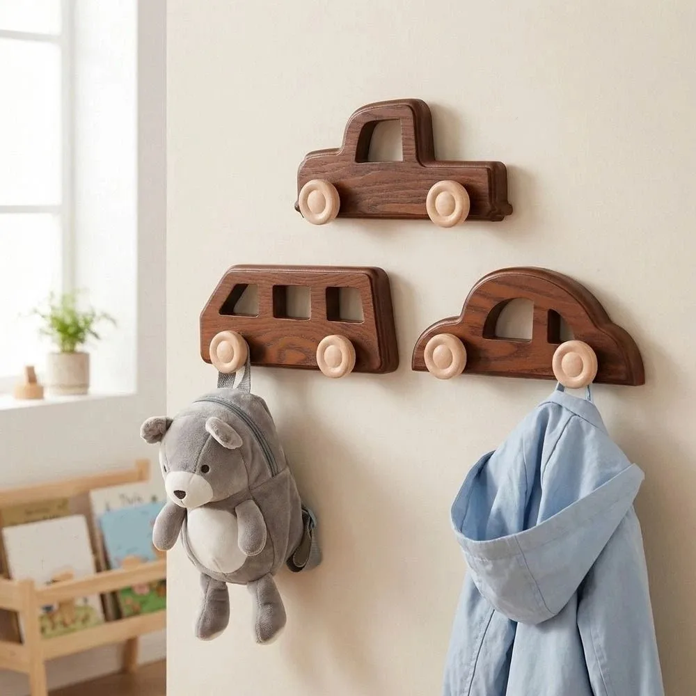 

Cute Wall Mounted Car Shaped Hooks Vintage Style Wooden Coat Hook Cartoon Free Punching Wall Decorative Hook Home Use