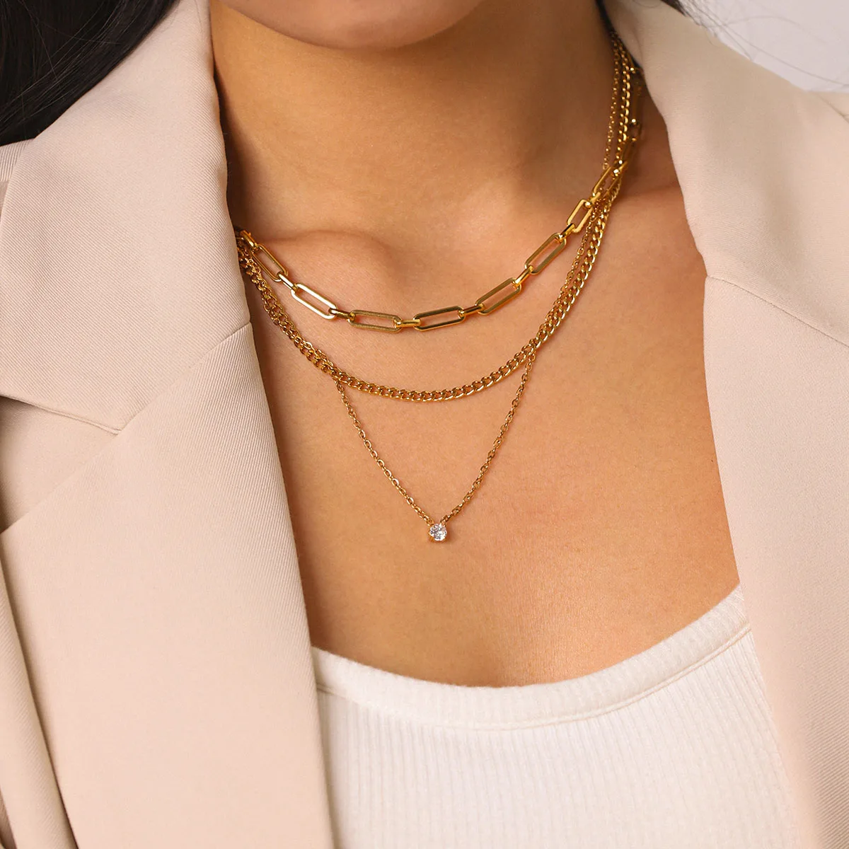 Mehrschichtige Gliederkette Halskette 18K Vergoldet Edelstahl Damen Minimalistisch Wasserdicht Anlaufbeständig Tägliches Collier Acero – Detail 4