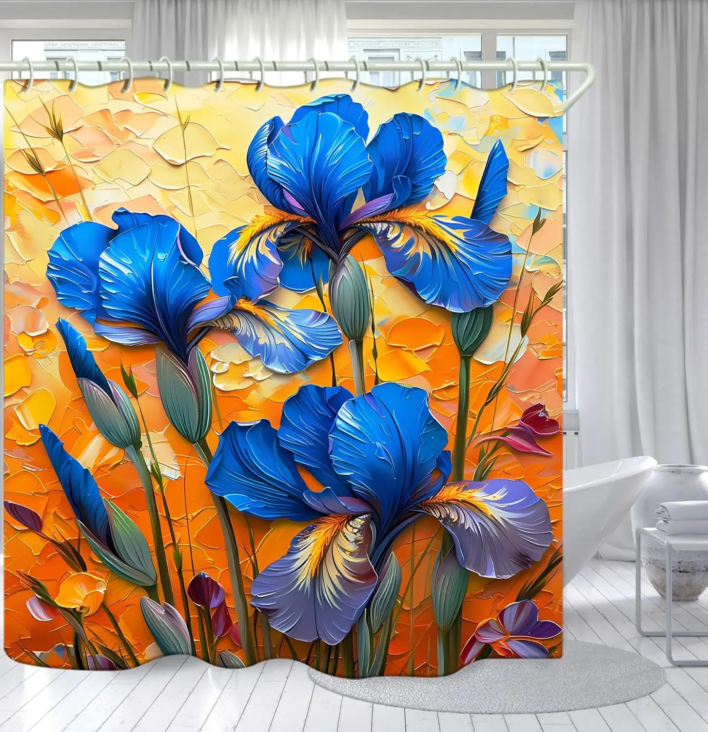 

Bathroom Shower Curtain Brings a Pleasant Mood to Bathing, with a Unique Artistic Waterproof Oil Painting Blue Flower Shower Cur