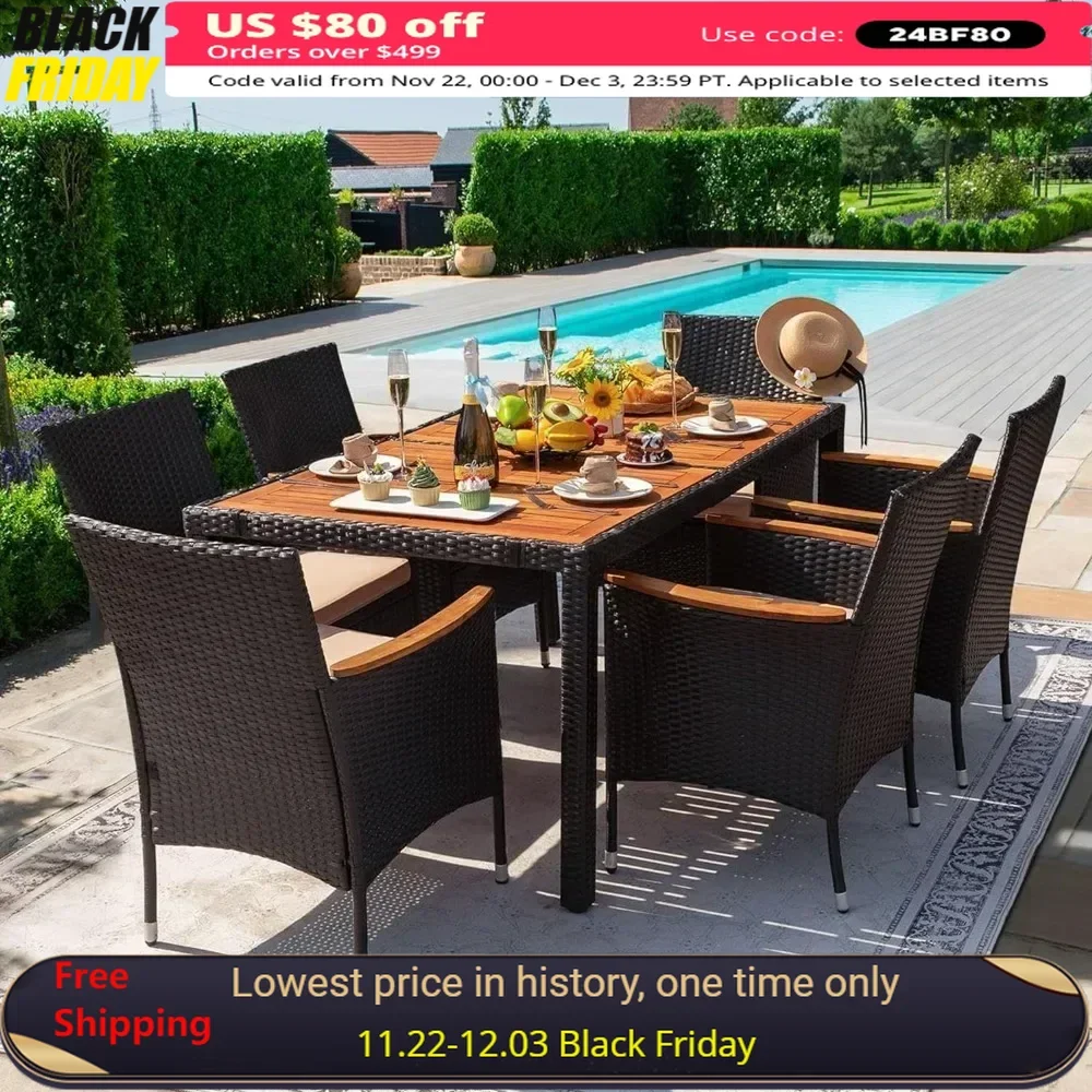 

Patio Furniture Sets, Dining 7 PCS Furniture, Patio Conversation Set with Acacia Wood TableTop, Outdoor Furniture Sets