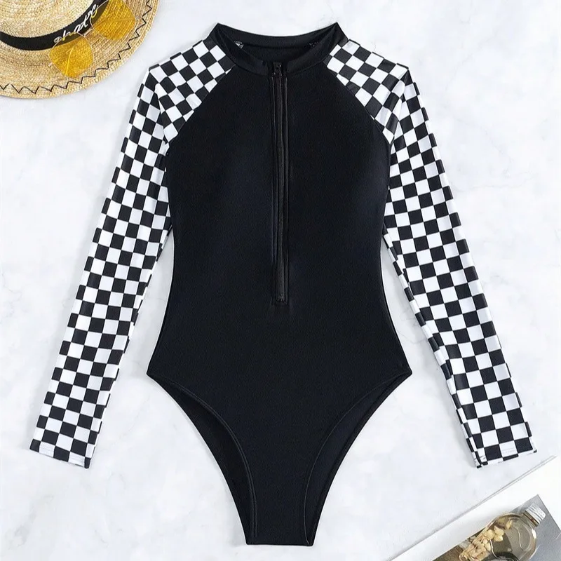 Cikini Summer Beach Traje de baño de una pieza a cuadros para mujer con manga raglán y mangas largas
