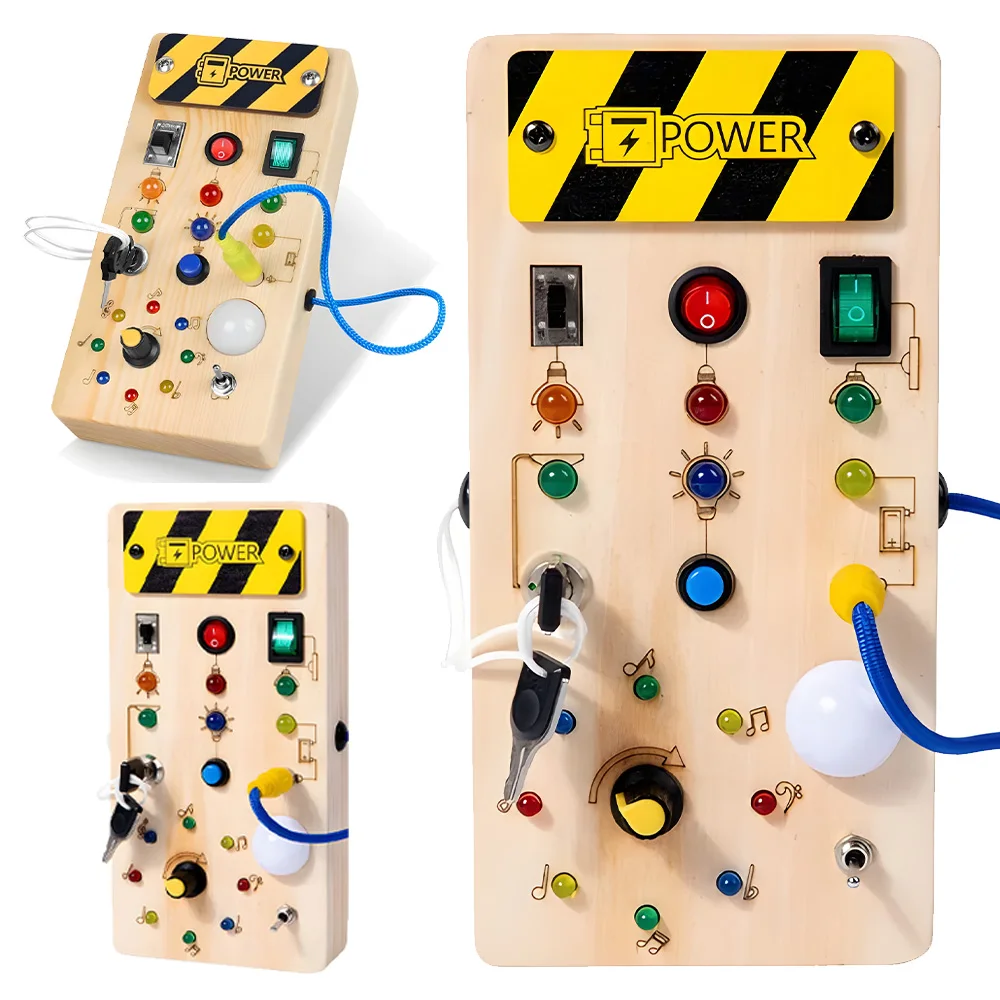 Tableau d'activités Montessori, jouet éducatif en bois avec 8 lumières LED et interrupteurs sensoriels, motricité fine, coordination œil-main, idéal pour les voyages en avion ou en voiture, cadeau d'anniversaire