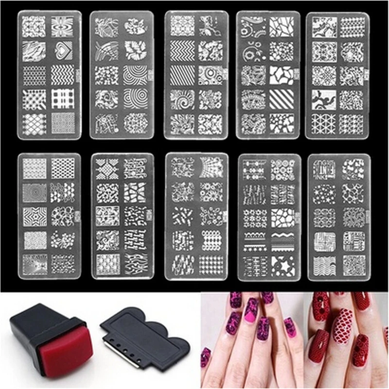 1Set Manicure Plastic Rectangular Printing Stencil Red Square Head Stamp Printing Tool Set Nail Printing Steel Plate