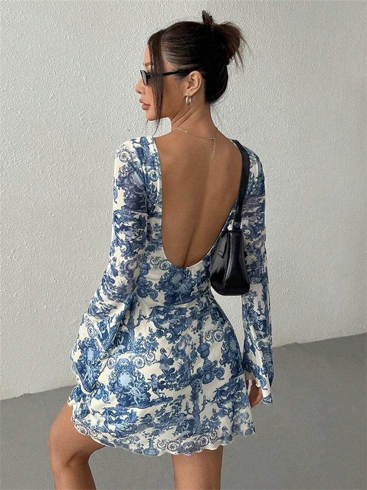 Ladies 2026 Autumn Date Night Mini Dress Floral Pint Long Sleeve Backless  Dresses Women Weekend Outing Knit & Stretchy Outfits